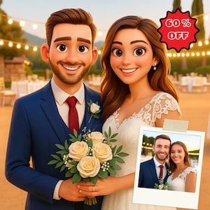 Ritratto Pixar da foto, Ritratto personalizzato di coppia di sposi da foto, Ritratto digitale in stile cartone animato, Regalo per coppia di sposi, Disegno in stile cartone animato Pixar