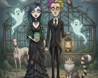 Gothic Custom Portrait, Addams Family Style Art, Tim Burton Drawing from Photo, Spooky Couple & Pet Gift, Dark Aesthetic Wall Decor