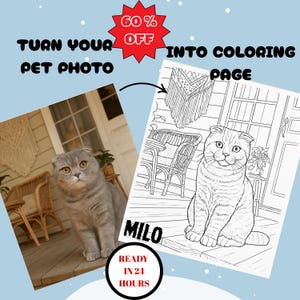 Custom Cat Coloring Page from Photo, Personalized Digital Outline Cat Drawing PDF/PNG, Printable Custom Gift for Cat Owners for Pet Lovers