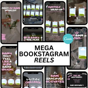 Puede incluir: Un conjunto de maquetas de pantallas de teléfonos inteligentes con temas de libros. La imagen central dice "MEGA BOOKSTAGRAM REELS". Otras pantallas muestran texto como "Meet My Book Wishlist" y "Monthly Wrap-Up", con espacio para imágenes y nombres de usuario.