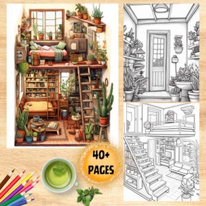 May include: A coloring book with 40+ pages featuring a detailed illustration of a house filled with plants. The house has a loft bedroom, a living room, and a staircase. The coloring book also includes a black and white version of the illustration.