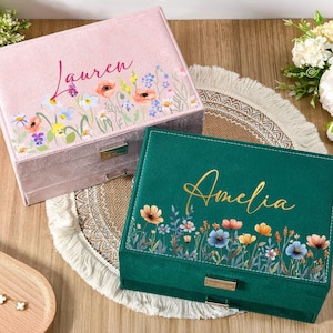Benutzerdefinierte große Samt Schmuckschatulle, Schmuck Aufbewahrungsbox mit Name, Samt Schmuckschatulle mit Schublade für Frauen, Geschenk für sie, Blumen Schmuckschatulle