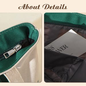 May include: Close-up of a canvas tote bag with a green trim and zipper. The interior is dark gray, and a white card with the text "SS WER" is visible inside. The bag has a silver zipper.