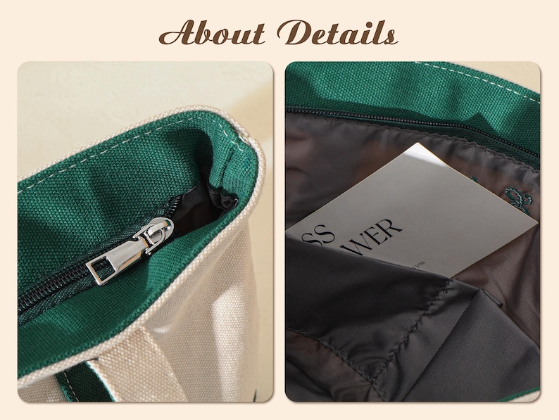 May include: Close-up of a canvas tote bag with a green trim and zipper. The interior is dark gray, and a white card with the text "SS WER" is visible inside. The bag has a silver zipper.