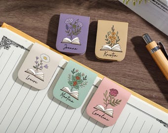 Personalized Birth Flower Magnetic Bookmark, Leather Bookmark with Birth Flower, Book Lover Gift, Floral Bookmark for her, Christmas Gift