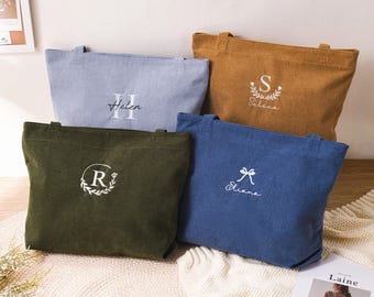 Personalized Embroidered Corduroy Tote, Bridesmaid Gift Bag, Name Tote Bag, Large Capacity Handbag with Zipper, Everyday Tote, Gift for her