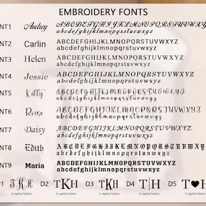 May include: A display of embroidery fonts, showcasing various styles labeled Font1 through Font9, with examples of uppercase and lowercase letters. The image also includes examples of monogram fonts labeled D1 through D5, with the number of capital letters indicated.