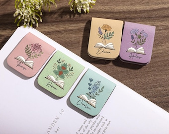 Personalized Birth Flower Magnetic Bookmark, Leather Bookmark with Birth Flower, Book Lover Gift, Floral Bookmark for her, Christmas Gift