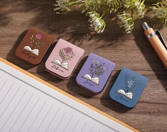 Personalized Birth Flower Magnetic Bookmark, Leather Bookmark with Birth Flower, Book Lover Gift, Floral Bookmark for her, Christmas Gift