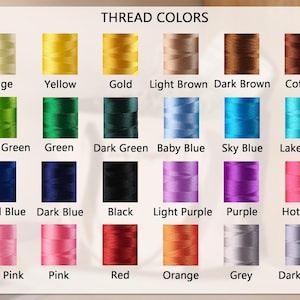 May include: A color chart displaying various thread colors. The chart includes shades like beige, yellow, gold, brown, green, blue, purple, pink, red, orange, and grey. Each color is labeled with its name, such as "Royal Blue" and "Hot Pink".
