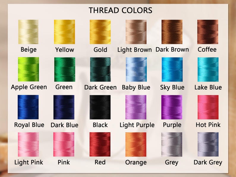 May include: A color chart displaying various thread colors. The chart includes shades like beige, yellow, gold, brown, green, blue, purple, pink, red, orange, and grey. Each color is labeled with its name, such as "Royal Blue" and "Hot Pink".