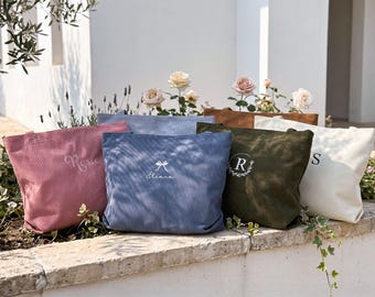 Personalisierte bestickte Cordtasche, Brautjungfer Geschenktasche, Name Einkaufstasche, große Handtasche mit Reißverschluss, Alltagstasche, Geschenk für sie