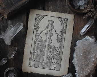 Alchemisten aan het werk-afdruk | Mystical Dark Academia-muurkunst op handgemaakt papier