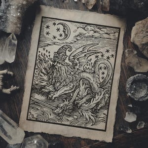 Arte mural de salamandra/alquimia, ilustración de libro vintage, lámina mística, decoración de brujería, póster de Dark Academia, criatura mitológica