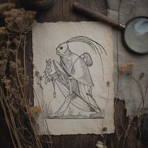 May include: A black and white illustration of a creature with a human-like head and a body resembling a beetle. The creature is wearing armor and holding a sword. The illustration is on a piece of paper with a rough texture.