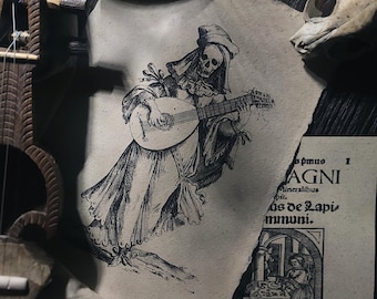 Death Playing a Lute | Dark Academia Hanging Scroll, Moody Wall Art, Old Illustration Print, Music Home Decor, Medieval Art, Oddities Print