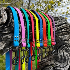 May include: A set of 12 colourful dog leads with black metal clips. The leads are made of a textured rubber material and have two black metal rivets on each lead.