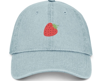 Strawberry Embroidered Denim Hat, Strawberry Baseball Cap, Cute Embroidery Hat, Fashion Accessory, Women's Denim Hat