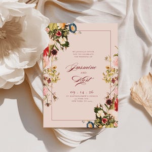 Lot de modèles sur toile pour faire-part de mariage dans un bouquet vintage rose poudré (comprend : réservez la date, faire-part, RSVP, détails, carte de remerciement avec photo)