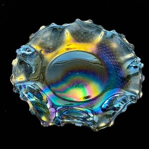 Vintage Indiana Carnival Glass Plate Iridescent Blue Ruffled Edge