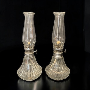 Set of 2 Vintage Petite Oil Lamps • 9&quot; Tall Kerosene Lamp includes Beaded Chimney & Wick • Clear Glass