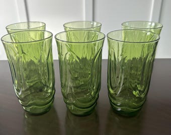 6 Vintage Anchor Hocking Colonial Tulip Glasses • Avocado Green Glassware