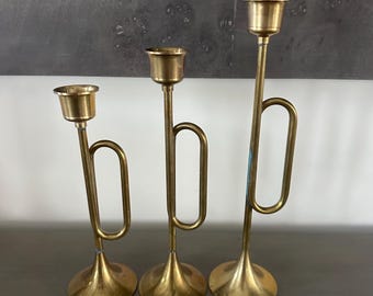 Vintage Brass Horn Candle Holders Set of 3 Christmas Decor Trumpet Bugle