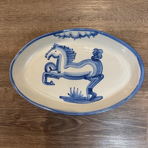 MA Hadley Pottery Blue Horse 14” Oval Platter Stoneware Plate