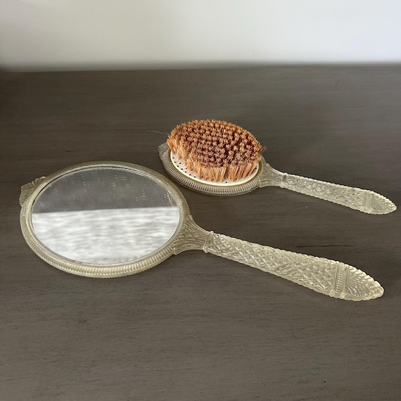 Vintage Floral Lucite Vanity Set: Hand Mirror and Hair Brush  display picture 1