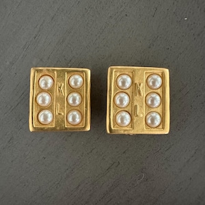 Vintage Karl Lagerfeld Gold Tone Pearl Earrings • Clip On Earrings Iconic 80’s Earrings
