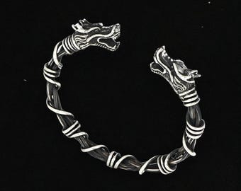 Handmade Dragon Bangle Bracelet – Viking & Chinese Dragon Silver Cuff | Gothic Celtic Asian Jewelry Gift for Dragon Lovers