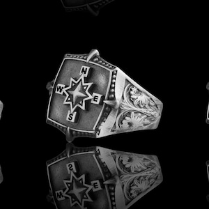 Sterling Silver Compass Signet Ring, Nautical North Star Statement Ring, Travel Gift or Best Friends Jewelry for Men and Women