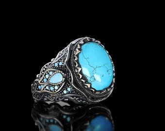 Handmade Sterling Silver Turquoise Ring – Large Oval Gemstone, Anniversary Gift