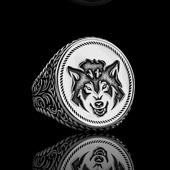 Celtic Norse Wolf Head Signet Ring for Men, Viking Wedding Ring