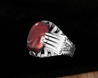 Large Red Gemstone Statement Ring in Sterling Silver, Chunky Cocktail Ruby Birthstone Ring