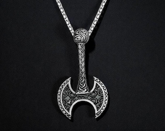 Viking Axe Necklace, Sterling Silver Norse Axe Pendant for Men, Double Battle Axe Jewelry, Nordic Warrior Necklace Gift