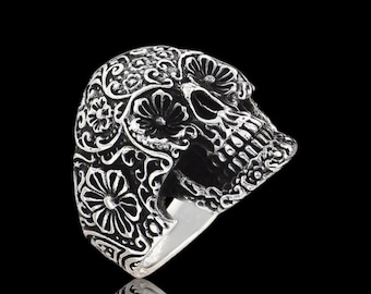 Sterling Silver Sugar Skull Ring: Chunky Floral Punk Statement