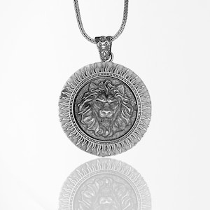 Sterling Silver Lion Necklace, African Lion Medallion Pendant, Men&#39;s Bold Animal Jewelry