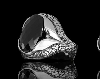 Oval Black Onyx Signet Ring: Gothic Oxidized Silver Statement