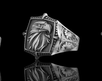 Anillo de águila de plata de ley oxidada: joyería gótica con sello de motociclista
