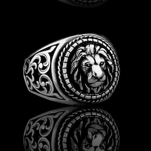 Lion Signet Leo Zodiac Silver Ring for Men, Sterling Lion Head Ring, African Astrology Jewelry, Handmade Animal Signet