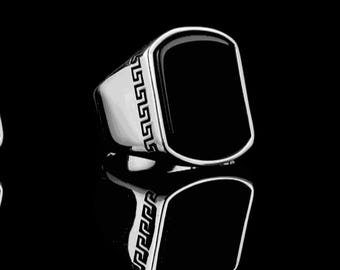 Mens Black Onyx Signet Ring: Sterling Silver Greek Key Statement