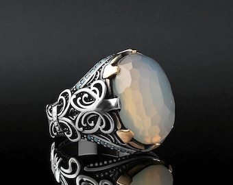 Anillo de piedra lunar de plata esterlina maciza: joyería de piedras preciosas hecha a mano