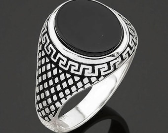 Black Onyx Signet Ring, Handmade Greek Signet Ring for Men, Sterling Silver Vintage Gemstone Ring, Classic Onyx Jewelry