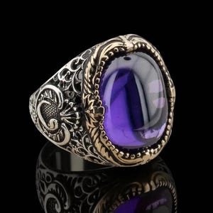 Hand Carved Oval Amethyst Ring, Sterling Silver Purple Gemstone Jewelry, February Birthstone Ring