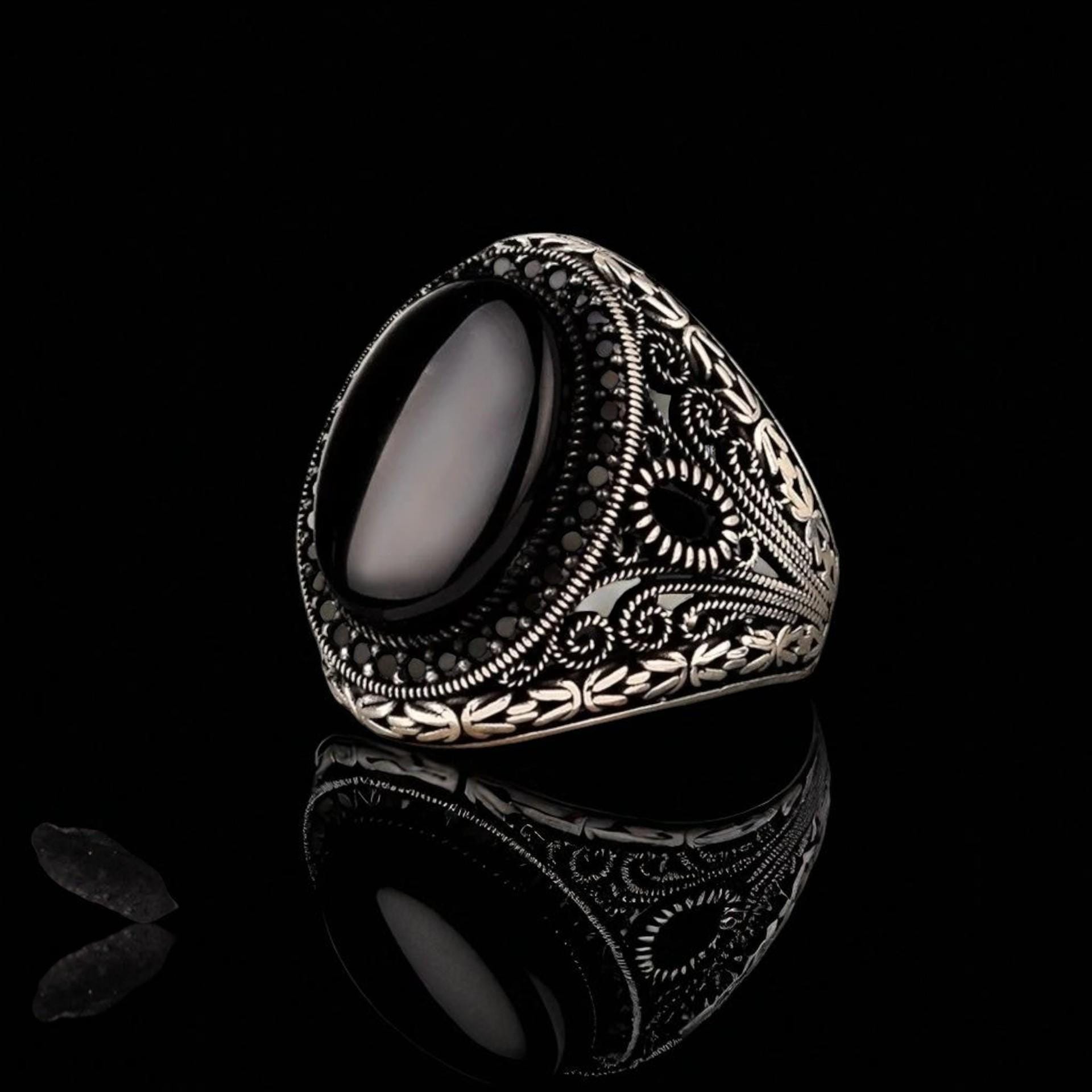 Large Black Onyx Ring for Men – Oval Gemstone Signet Ring in 925