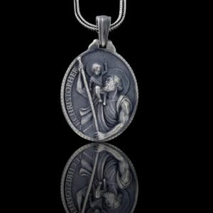 Oxidized St. Christopher Necklace, Sterling Silver Saint Medallion, Catholic & Christian Protection Jewelry