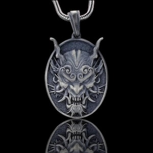 Gothic Oni Mask Necklace, Sterling Silver Japanese Demon Pendant, Protection Jewelry