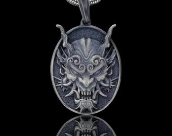 Gothic Oni Mask Necklace, Sterling Silver Japanese Demon Pendant, Protection Jewelry