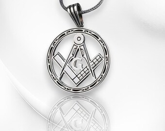 Sterling Silver Freemason Masonic Pendant - Round Symbol Necklace .925 Silver